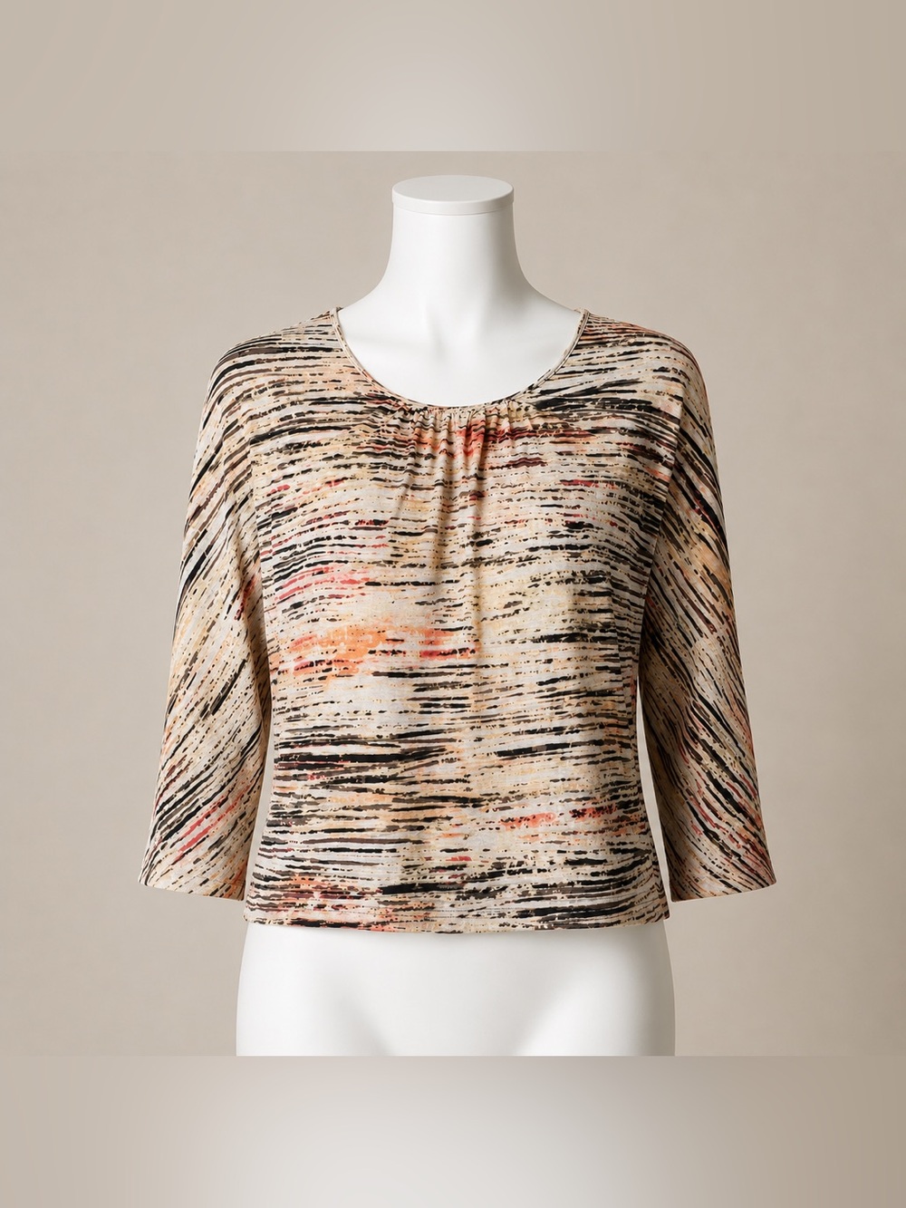 Chico’s Abstract Stripe Dolman Sleeve 2 Neutral Pink Black Cream Lightweight Top
